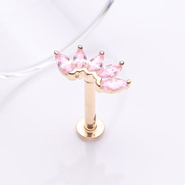 Detail View 1 of 14 Karat Gold OneFit Threadless Brilliant Marquise Sparkle Flower Flat Back Stud Labret-Pink